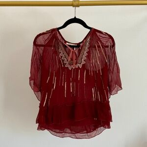 ANTHROPOLOGIE Floreat Blouse Size Burgundy XS Canalis Beaded